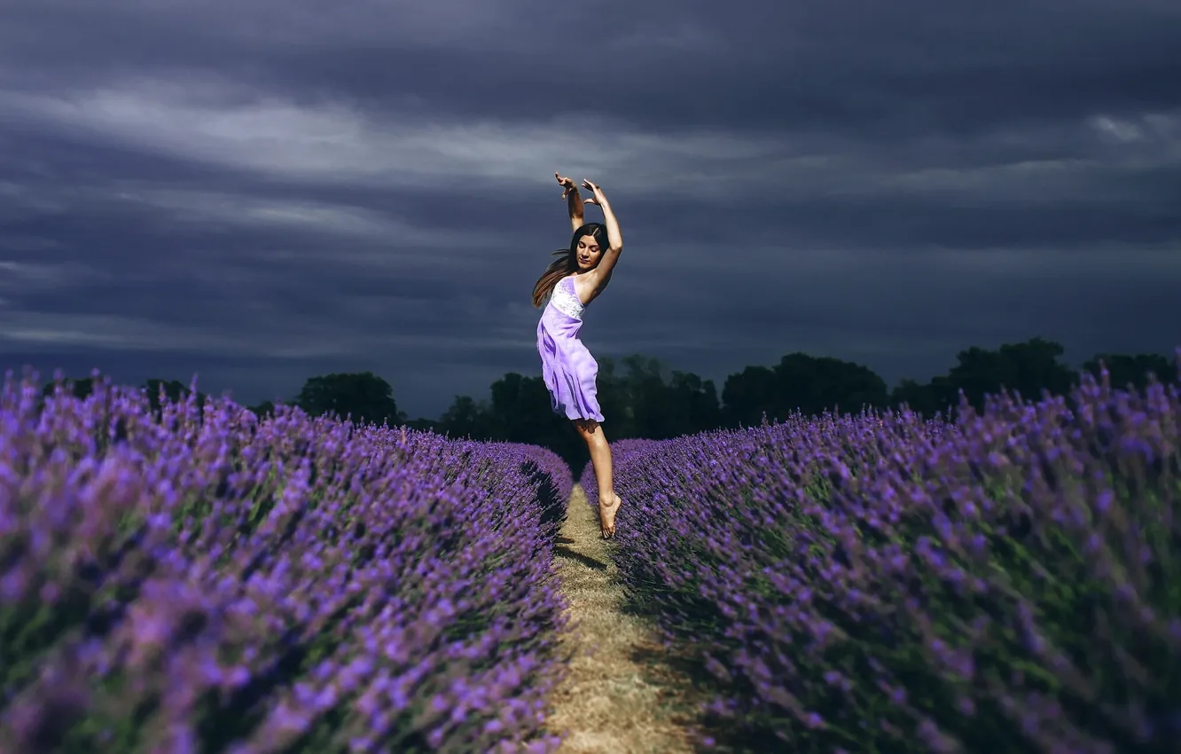 Photo wallpaper field, girl, flowers, mood, jump, dance, lavender