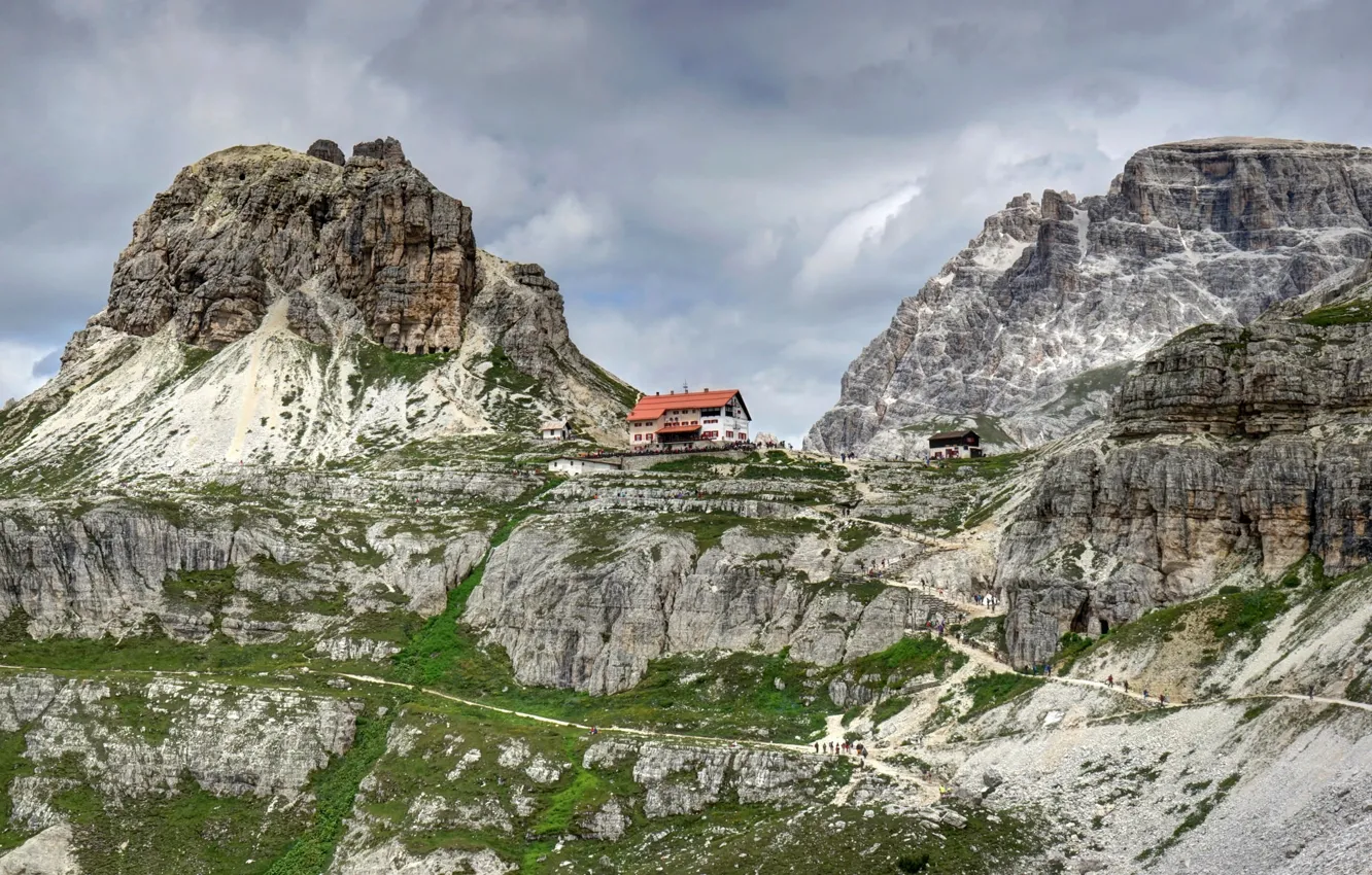 Photo wallpaper mountains, house, rocks, Italy, The Dolomites