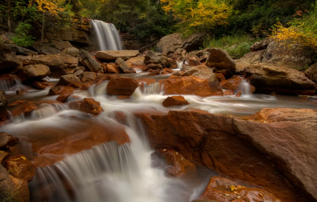 Photo wallpaper autumn, river, stones, waterfall, West Virginia, West Virginia, Blackwater River, Douglas Falls