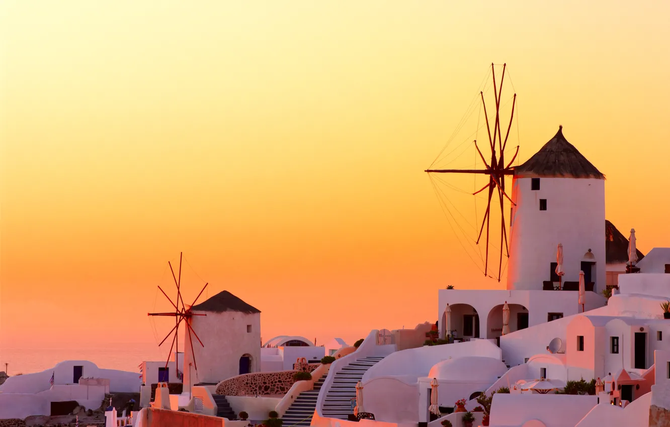 Photo wallpaper sunset, the city, home, the evening, Santorini, Greece, mill, Santorini