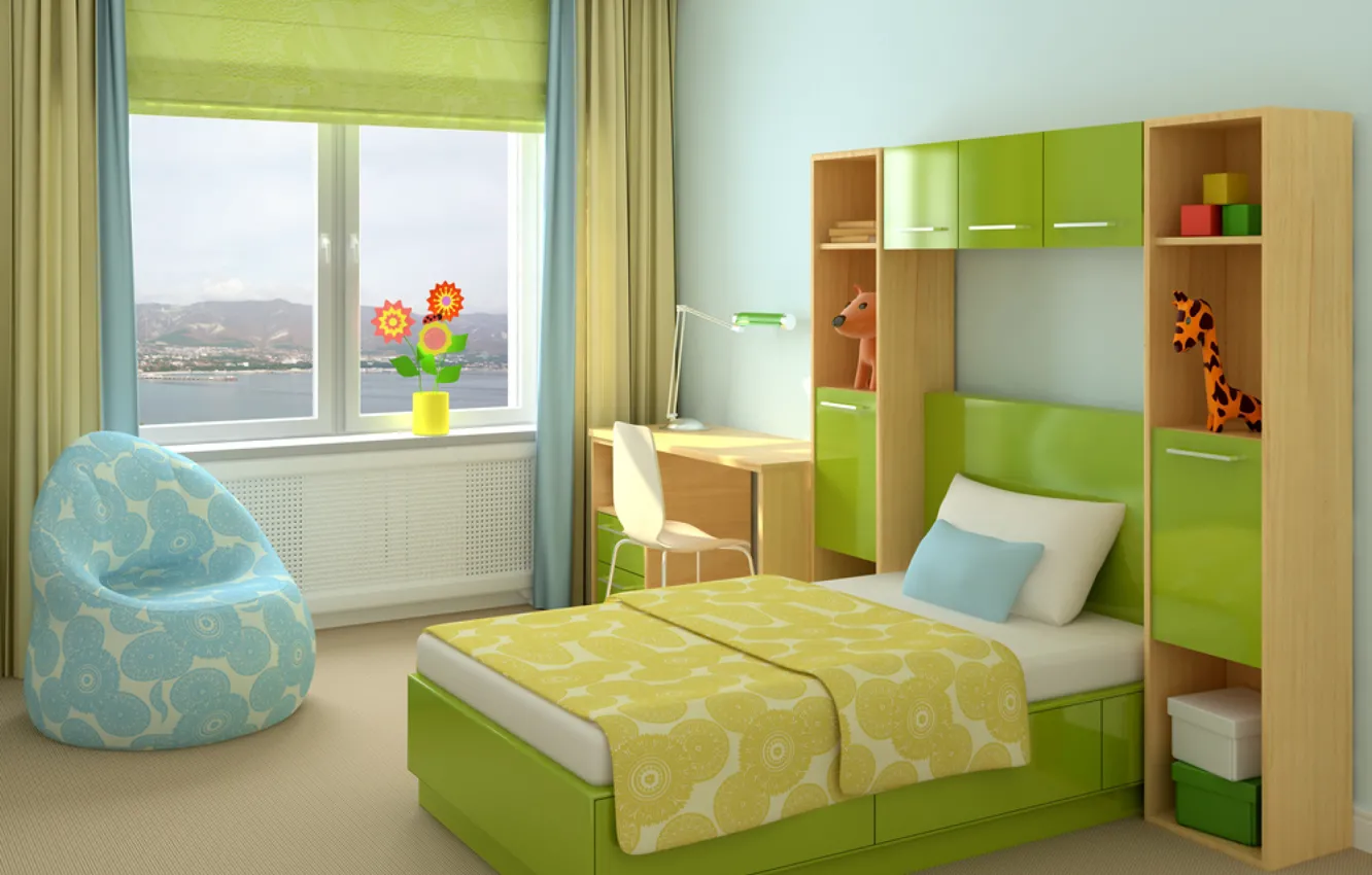 Photo wallpaper design, green, interior, chair, children's room