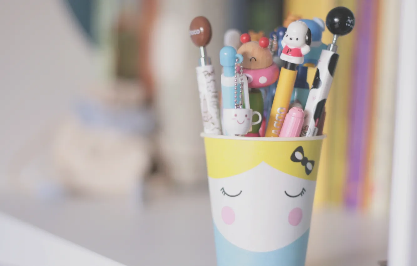 Photo wallpaper background, mood, blur, pencils, bear, handle, mug, Cup