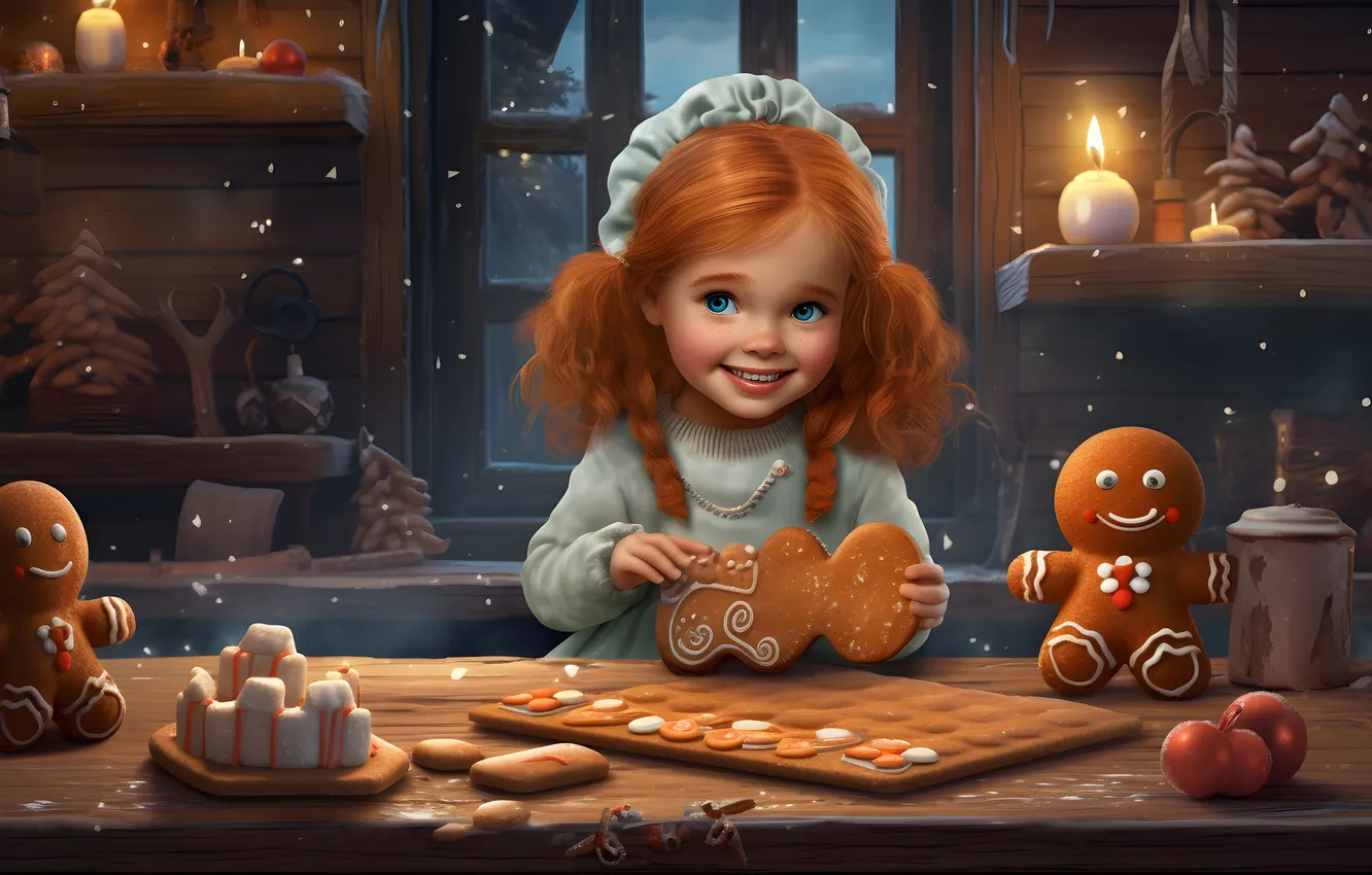 Photo wallpaper smile, new year, Christmas, girl, red, gingerbread, digital art, AI art