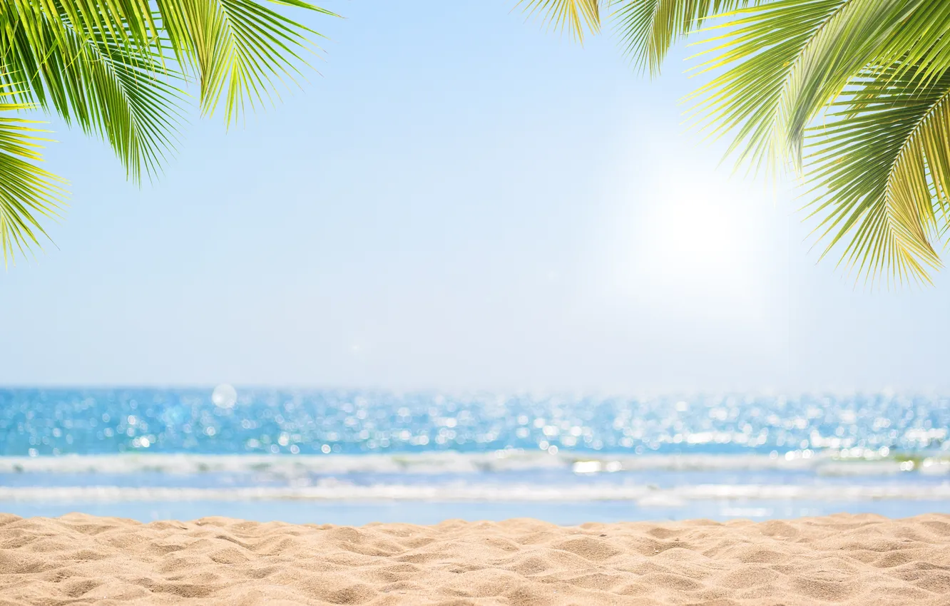 Photo wallpaper sand, sea, wave, beach, summer, the sky, the sun, palm trees