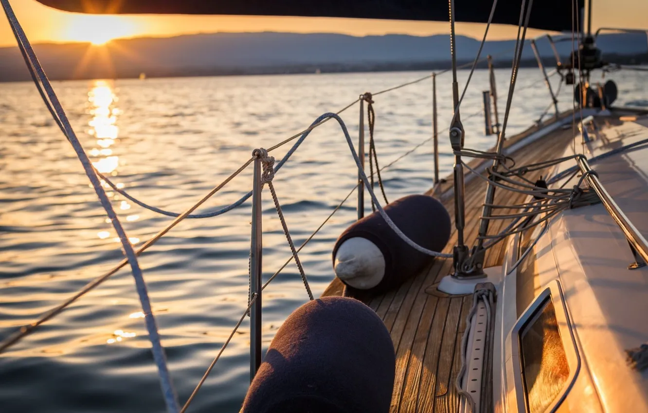 Photo wallpaper sea, the sun, sunset, reflection, coast, the evening, yacht, sail