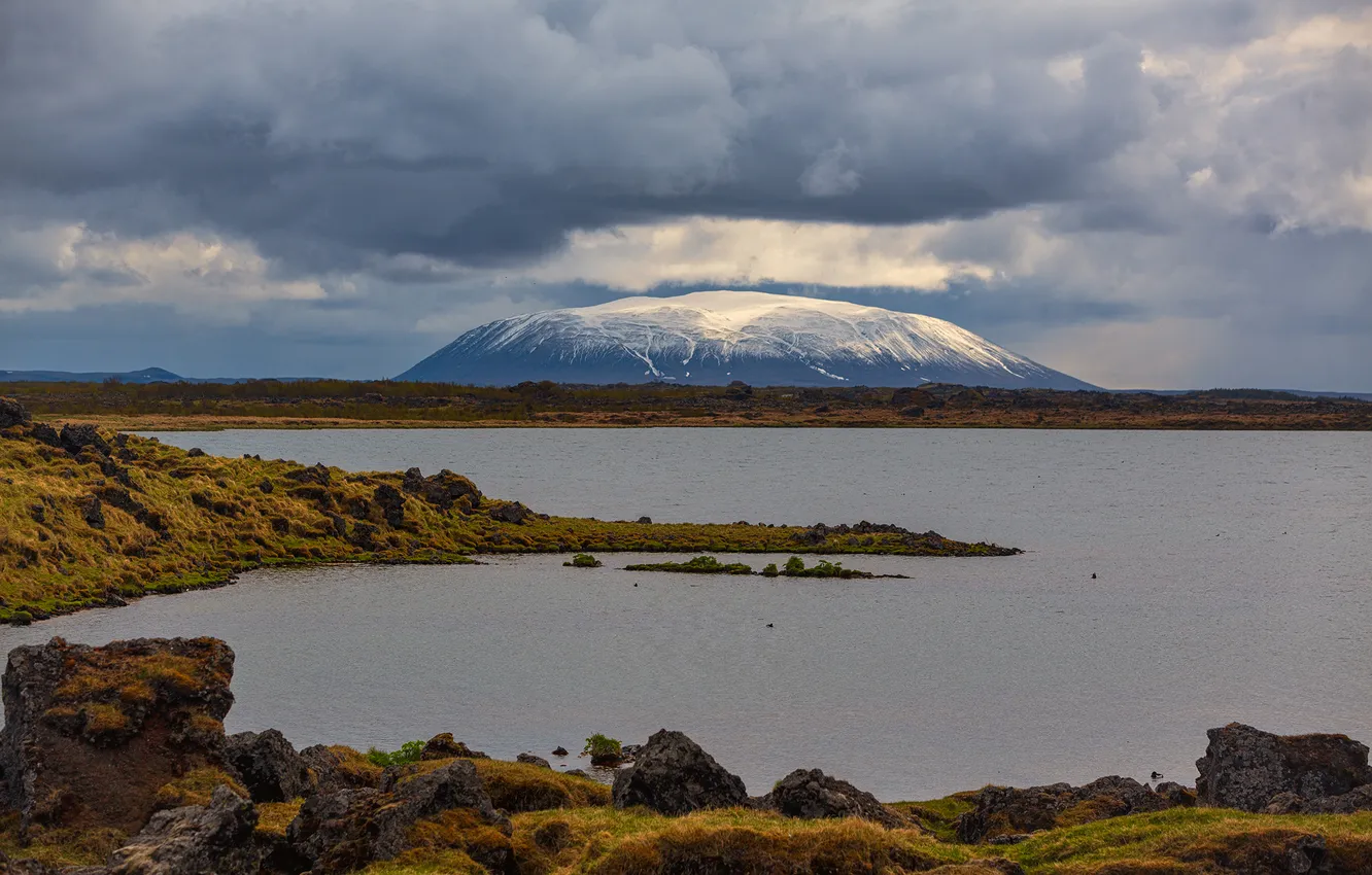 Photo wallpaper grass, clouds, light, clouds, lake, stones, mountain, the beauty of nature