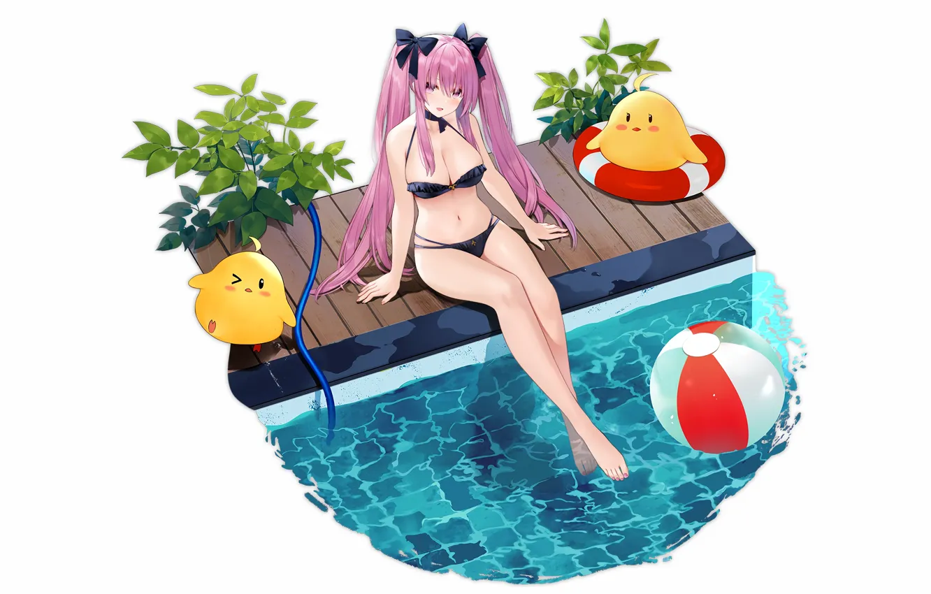 Photo wallpaper girl, sexy, pool, cleavage, pink hair, long hair, boobs, anime
