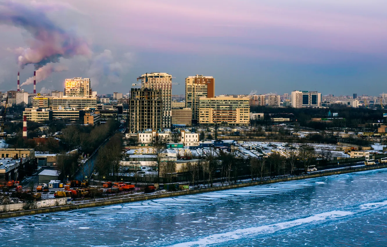 Photo wallpaper city, river, Moscow, winter.frost