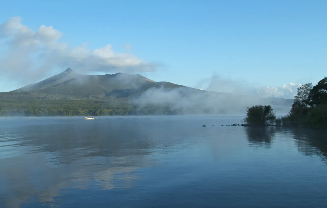 Photo wallpaper fog, lake, boat, mountain