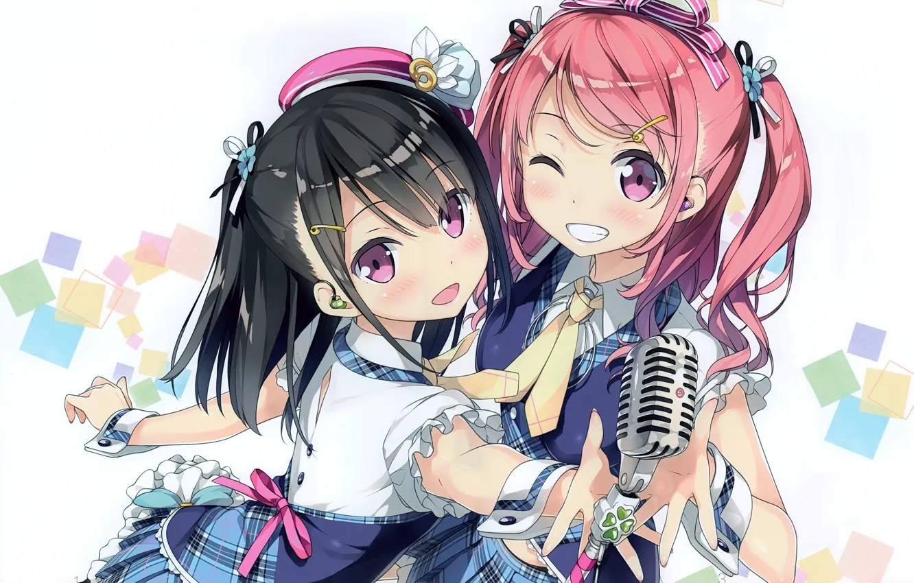 Photo wallpaper smile, tie, microphone, fun, wink, ruffles, pink hair, two tails