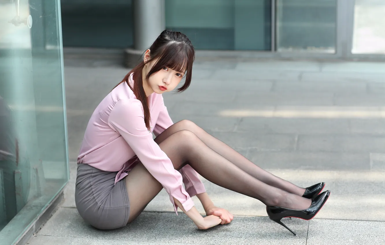 Photo wallpaper girl, skirt, blouse, tights, legs, Asian
