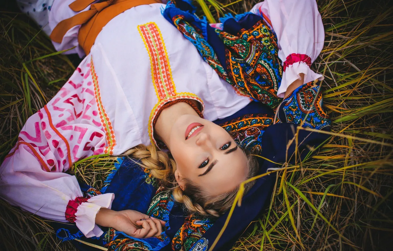 Photo wallpaper summer, grass, girl, nature, costume, braid, brown hair, shawl