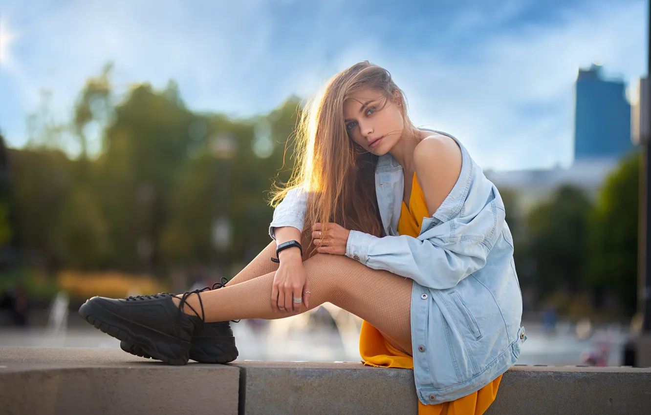 Photo wallpaper look, girl, pose, feet, long hair, sneakers, the parapet, dzhinsovka
