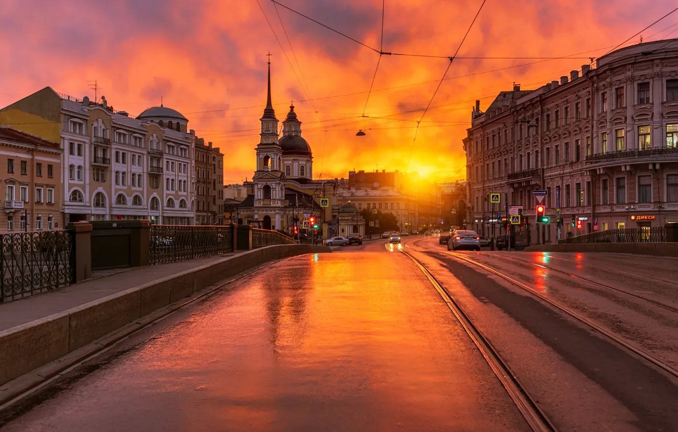 Photo wallpaper road, sunset, the city, street, building, home, Peter, Saint Petersburg
