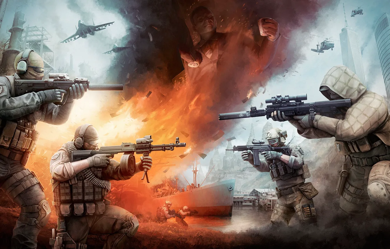 Photo wallpaper Fire, Ship, Soldiers, Weapons, Art, Sniper, Scout, Destroyer