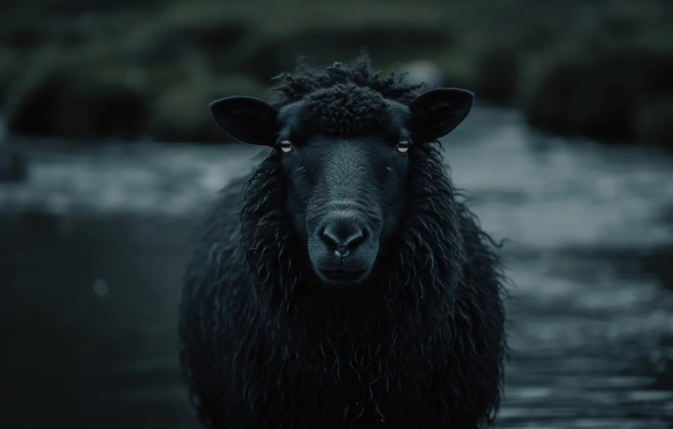 Photo wallpaper look, face, nature, river, the dark background, black, sheep, sheep
