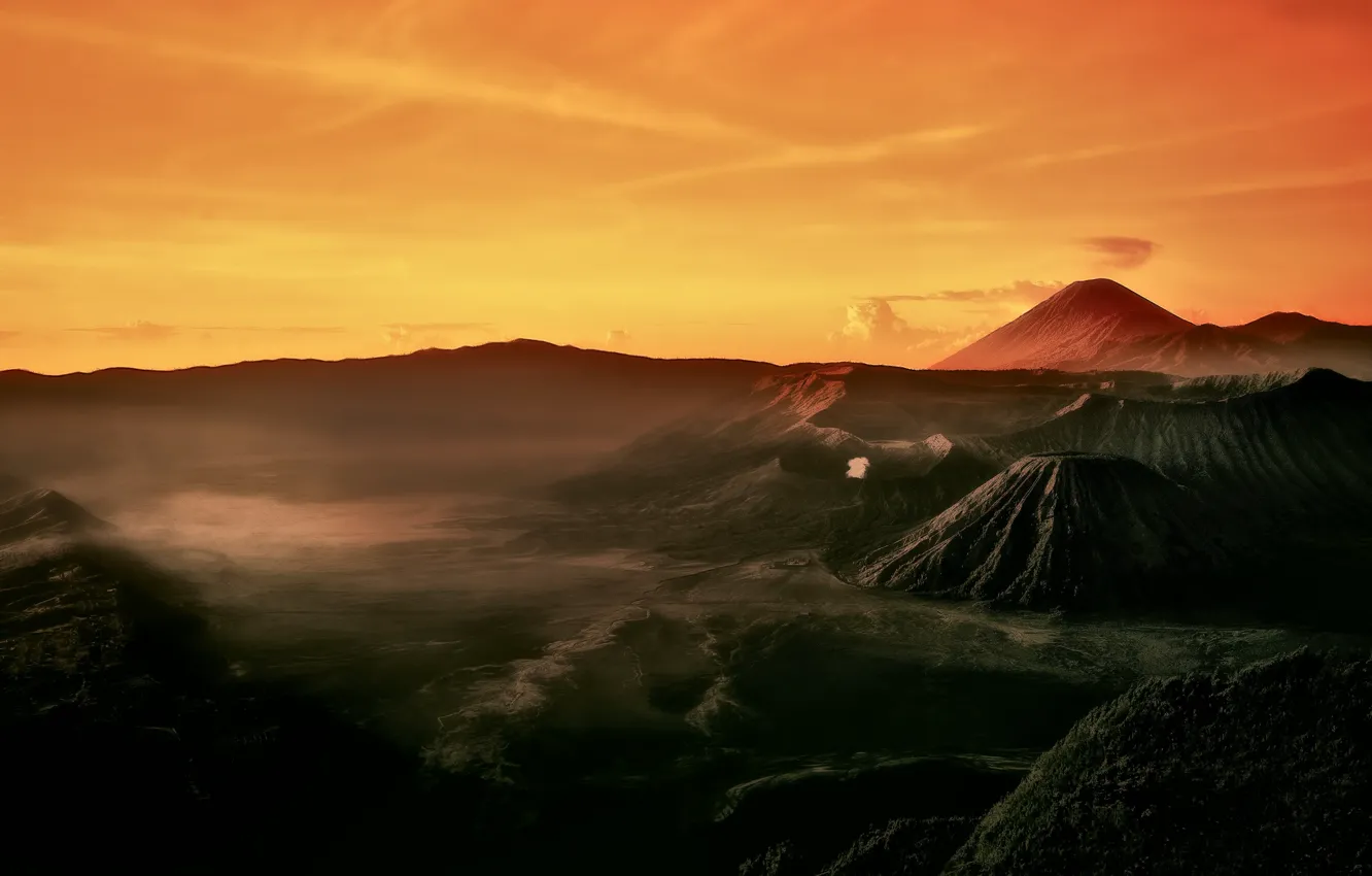 Photo wallpaper morning, Indonesia, Java, Tengger, volcanic complex-the Caldera TenGer, active volcano Bromo