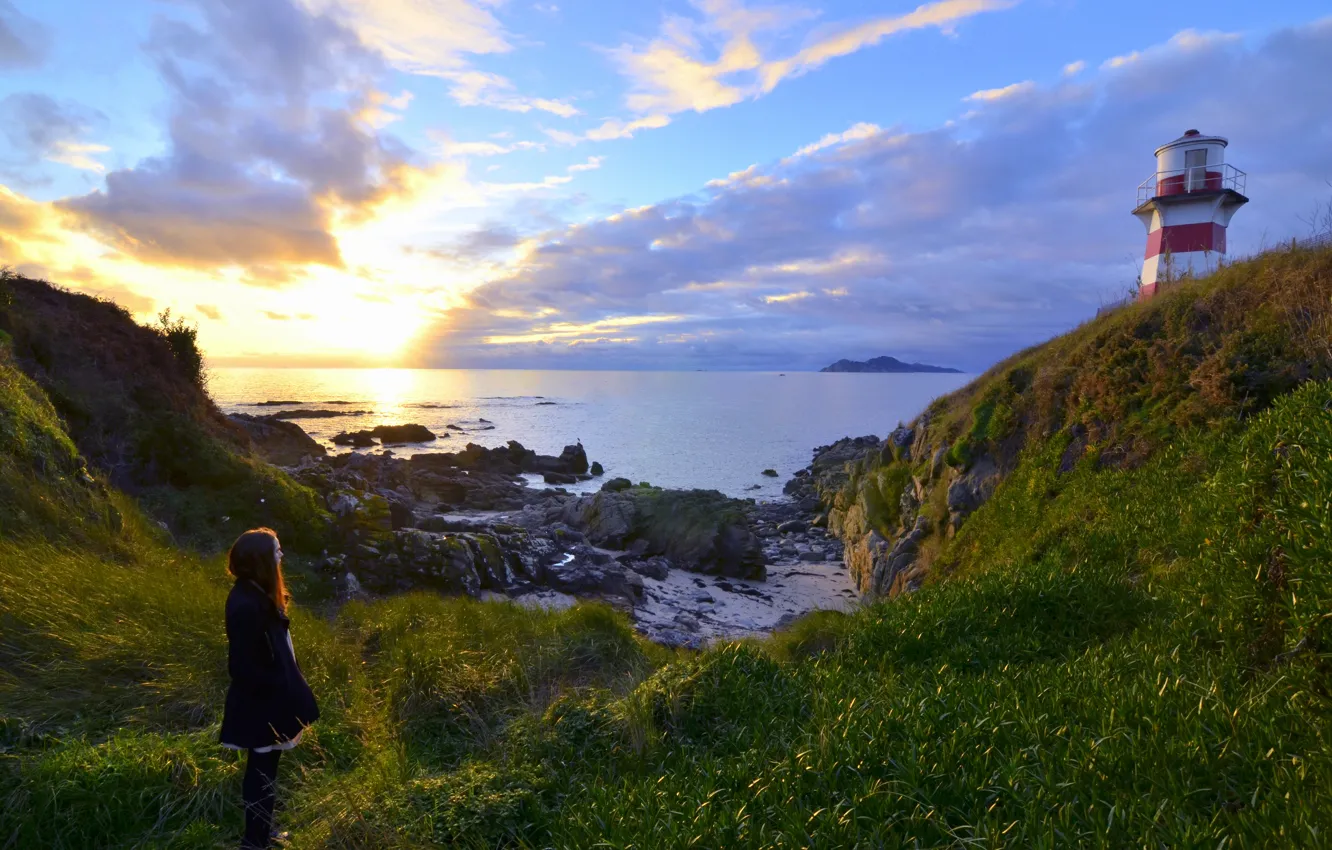 Photo wallpaper sea, grass, girl, landscape, sunset, nature, stones, shore
