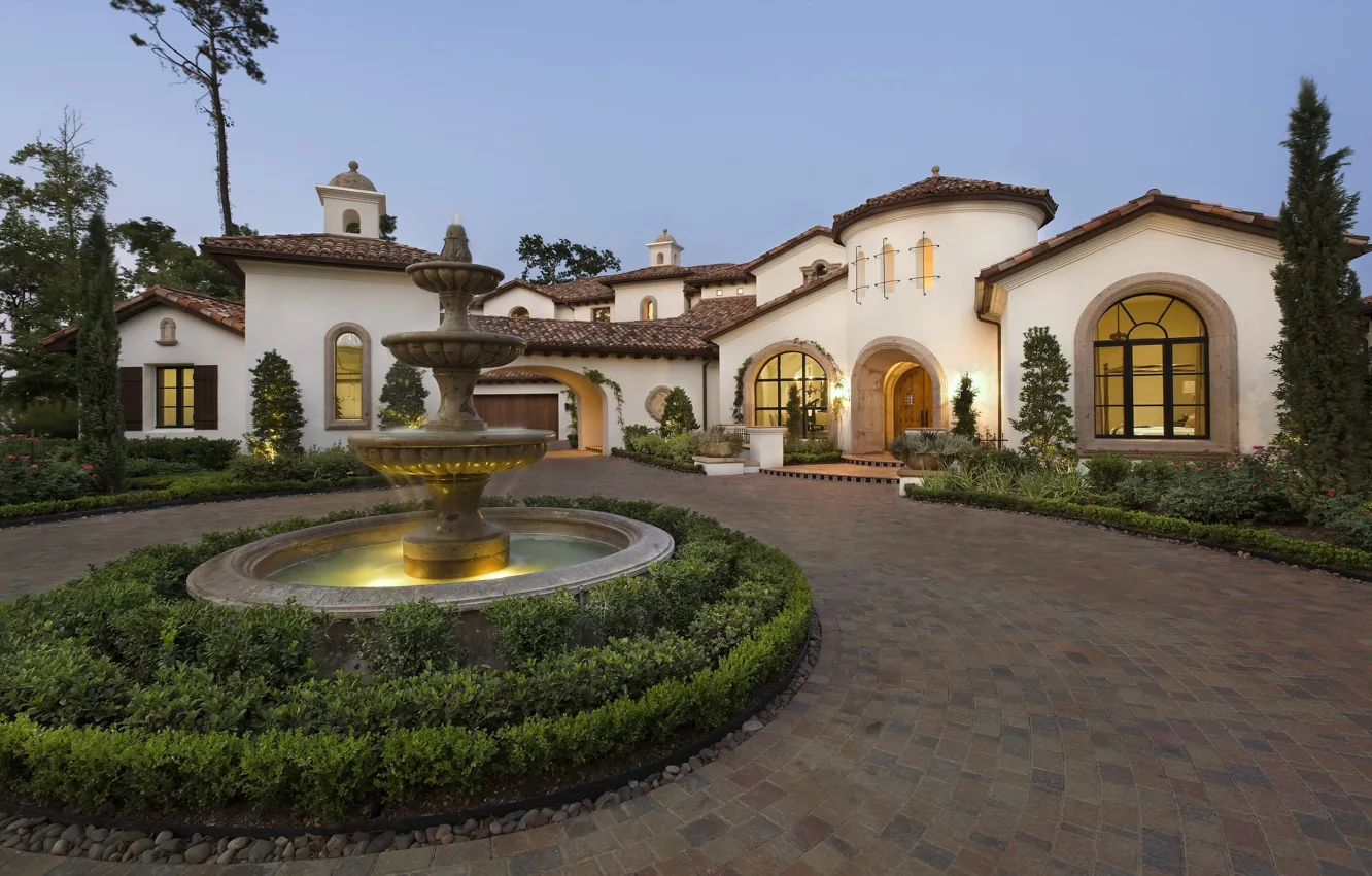 Photo wallpaper design, style, Villa, the evening, lighting, yard, fountain, Texas