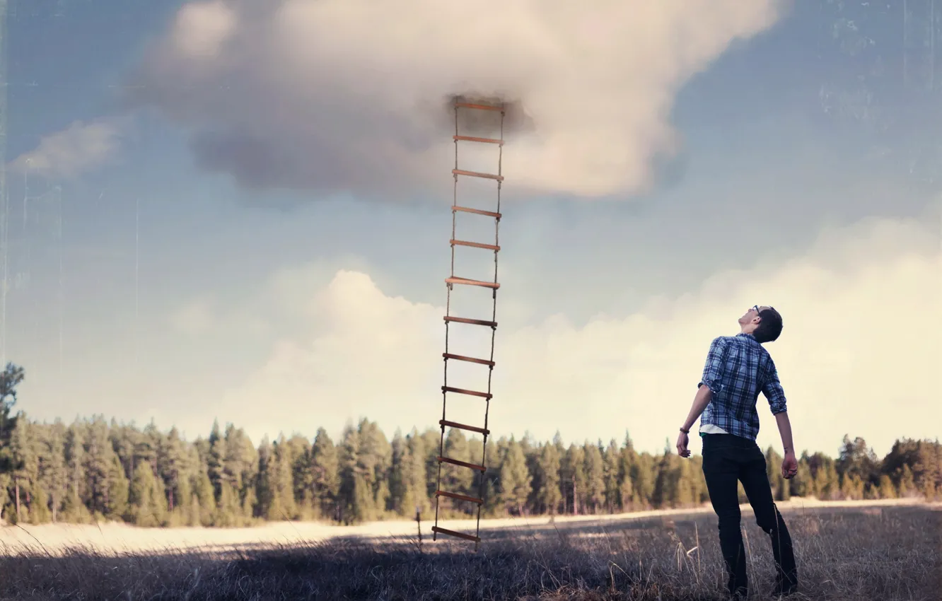 Photo wallpaper the sky, the situation, ladder, guy