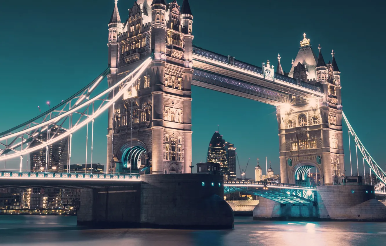 Photo wallpaper night, lights, river, London, Tower bridge
