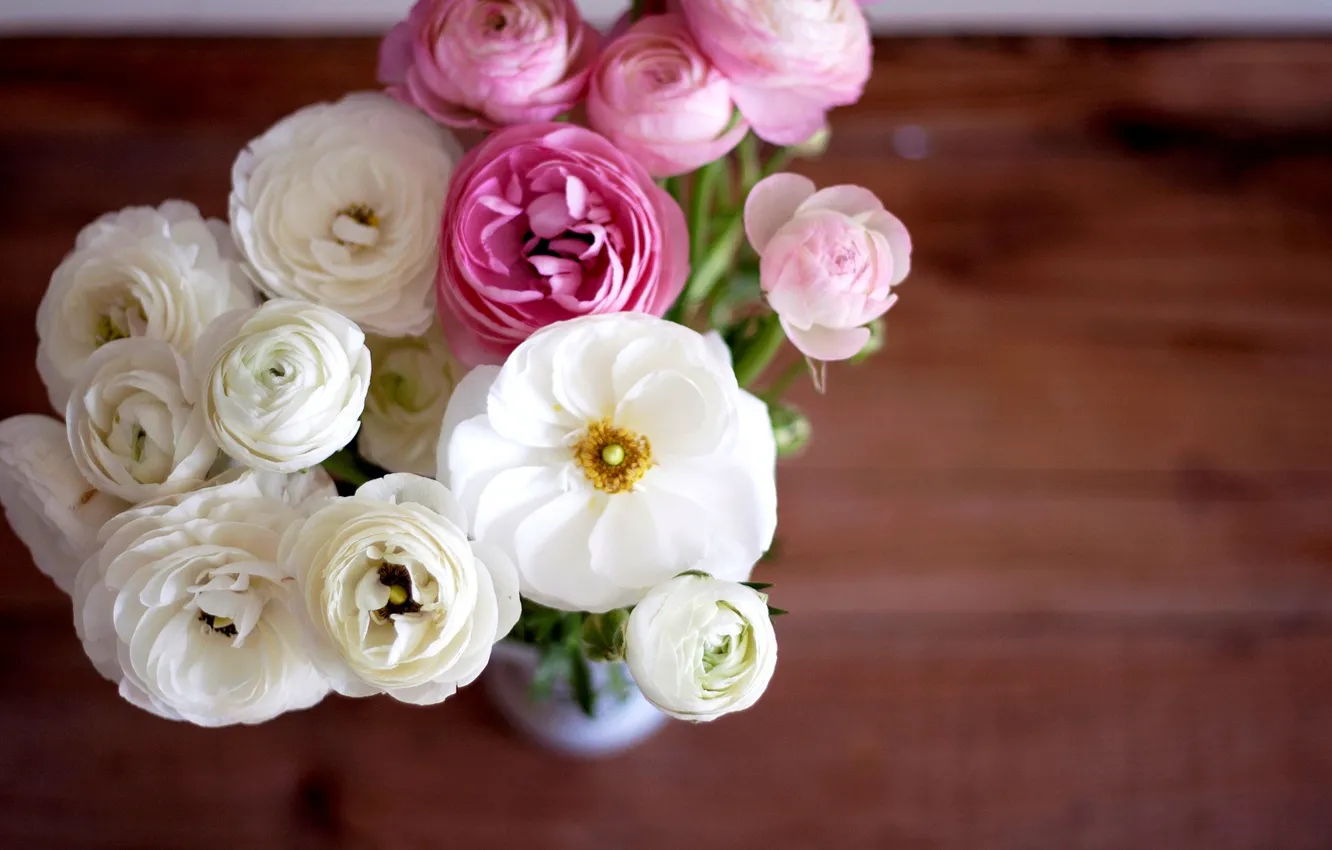 Photo wallpaper flowers, bouquet, petals, vase, pink, white, buds, buttercups