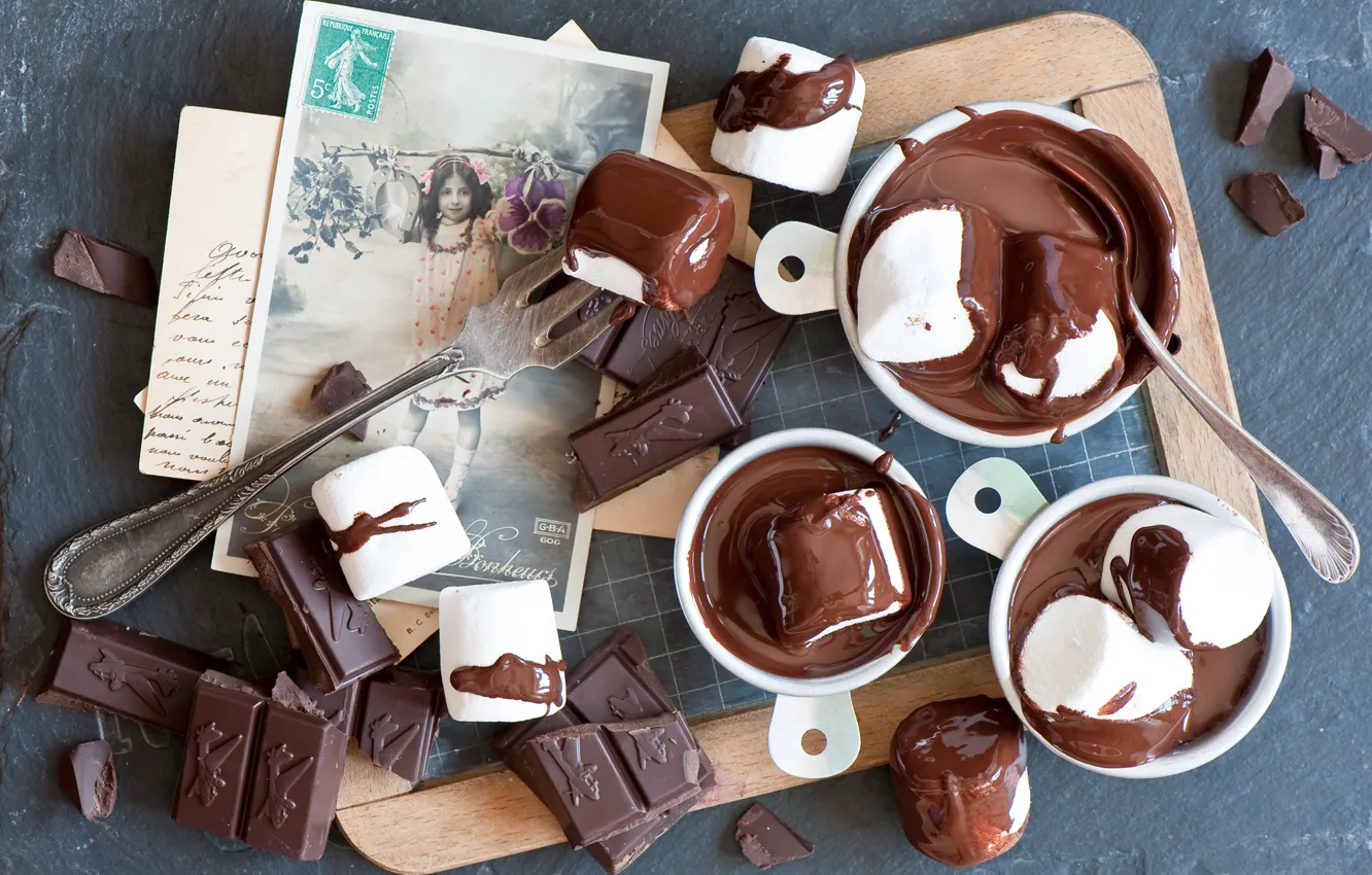 Photo wallpaper chocolate, postcard, marshmallows, marshmallows