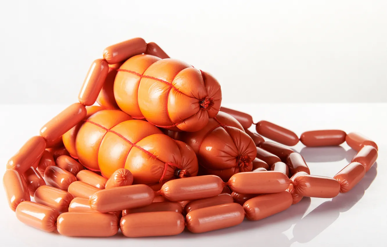 Photo wallpaper sausage, white background, sausage, products, meat