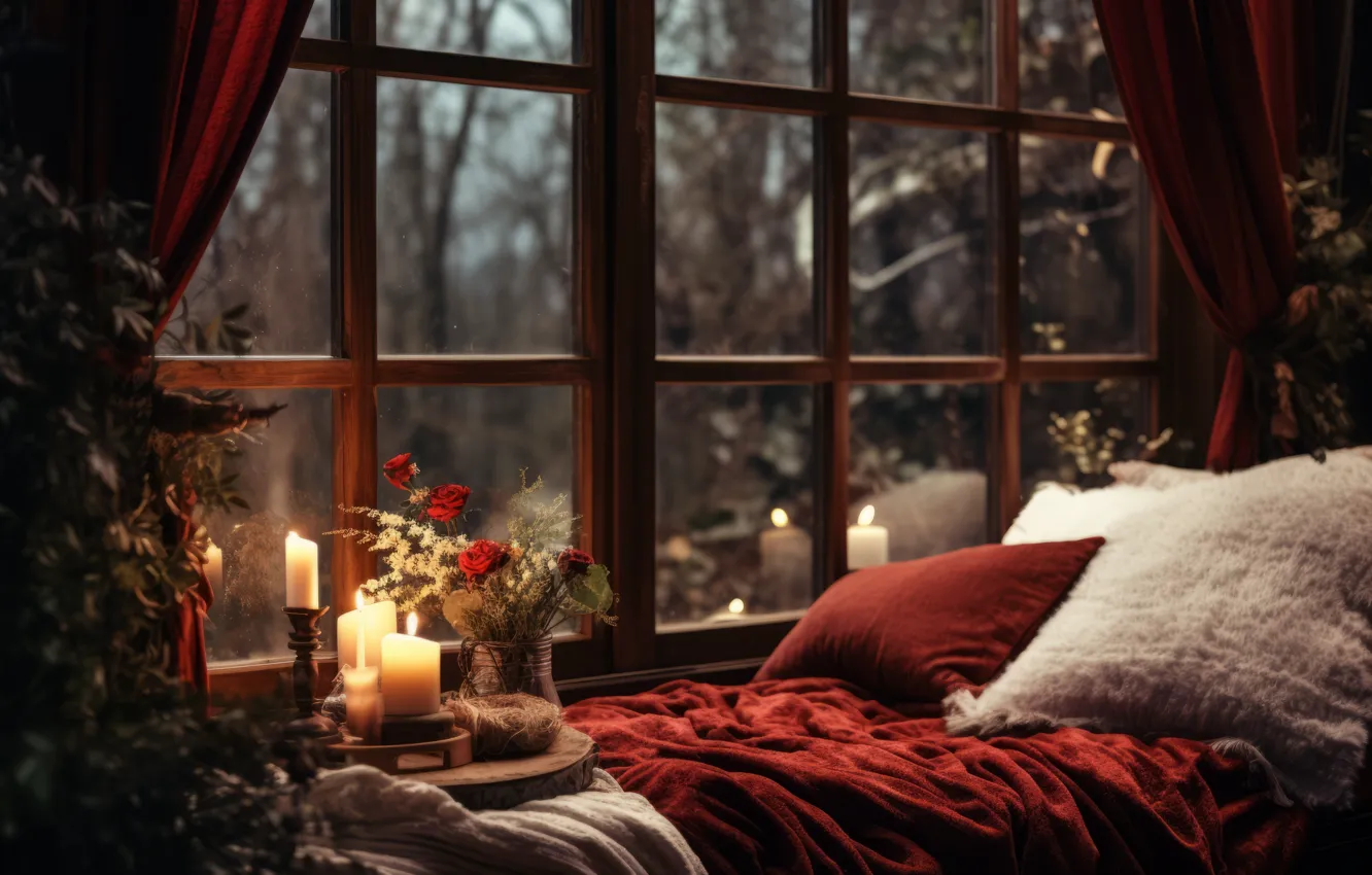 Photo wallpaper winter, forest, flowers, branches, room, frame, new year, roses