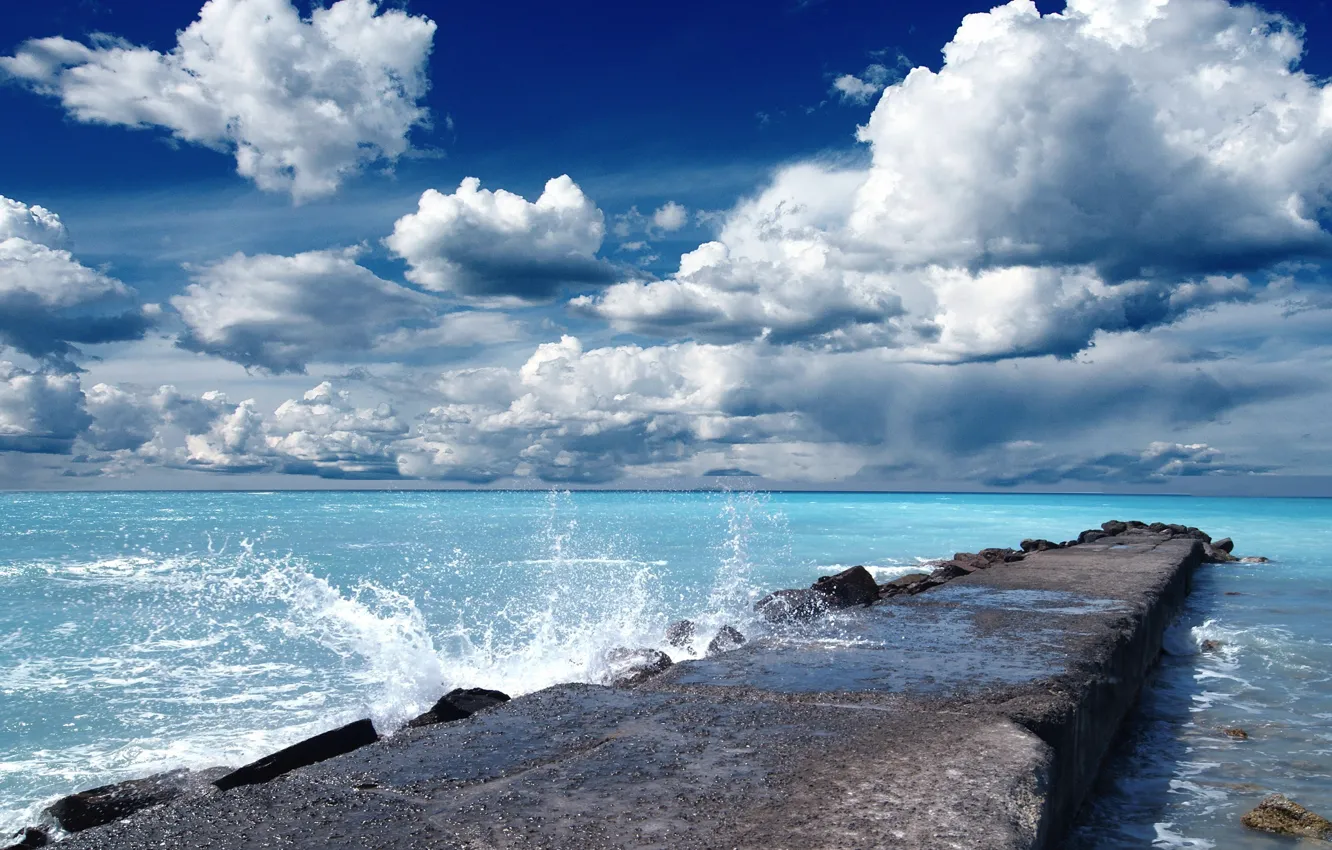 Photo wallpaper sea, the sky, clouds, landscape, bridge, the ocean, beauty, water splashes