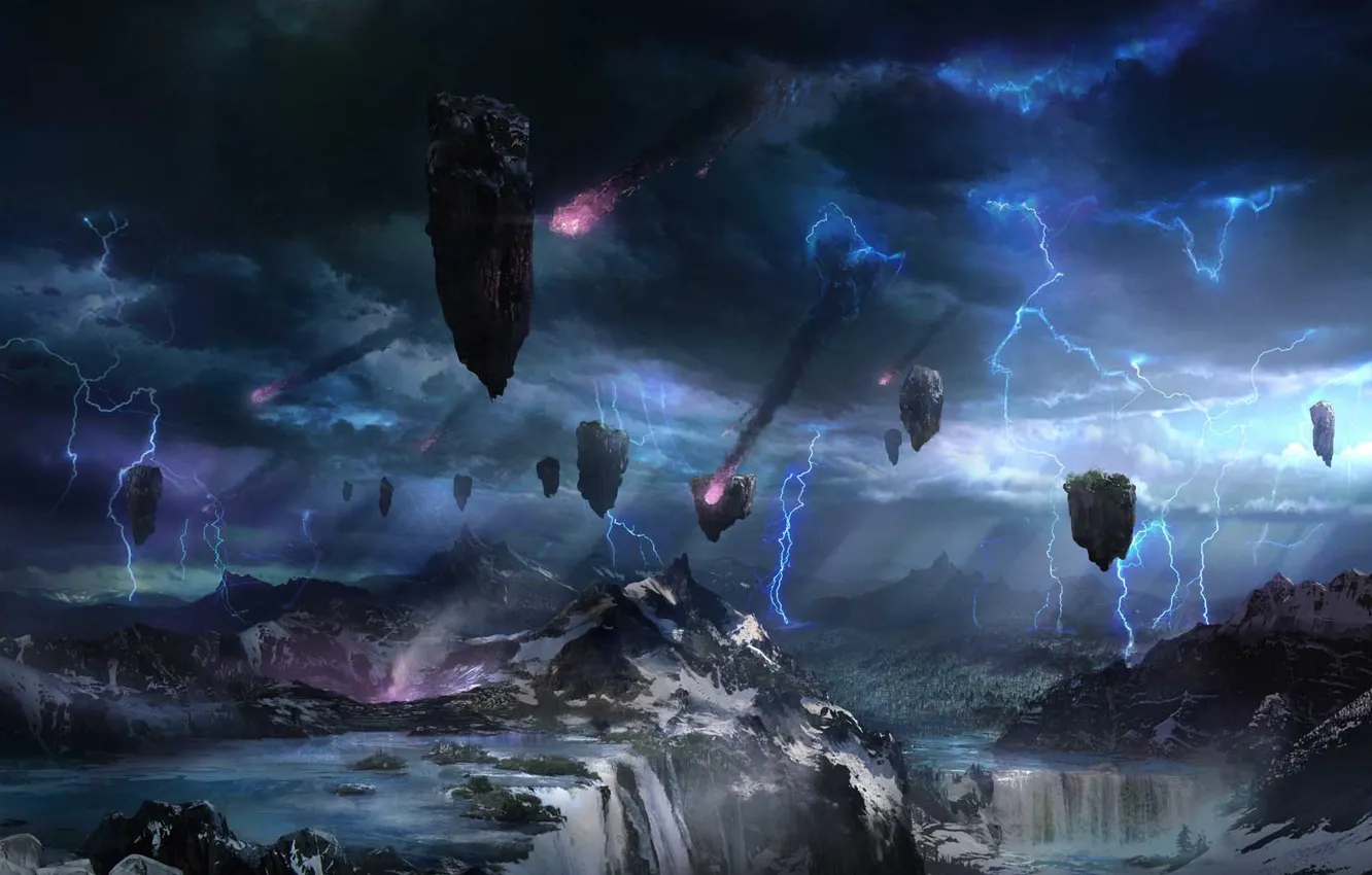 Photo wallpaper landscape, mountains, clouds, rocks, lightning, waterfall, meteor, flying