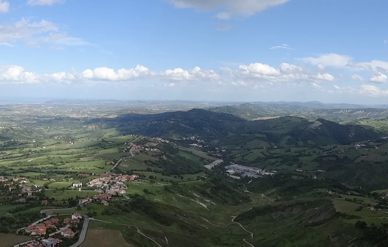 Photo wallpaper the sky, mountains, nature, castle, Italy, the view from the top, San Marino