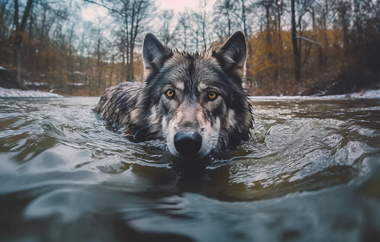 Photo wallpaper Water, Wolf, Face, Predator, Digital art, AI art, The Art of Artificial Intelligence, Neural network