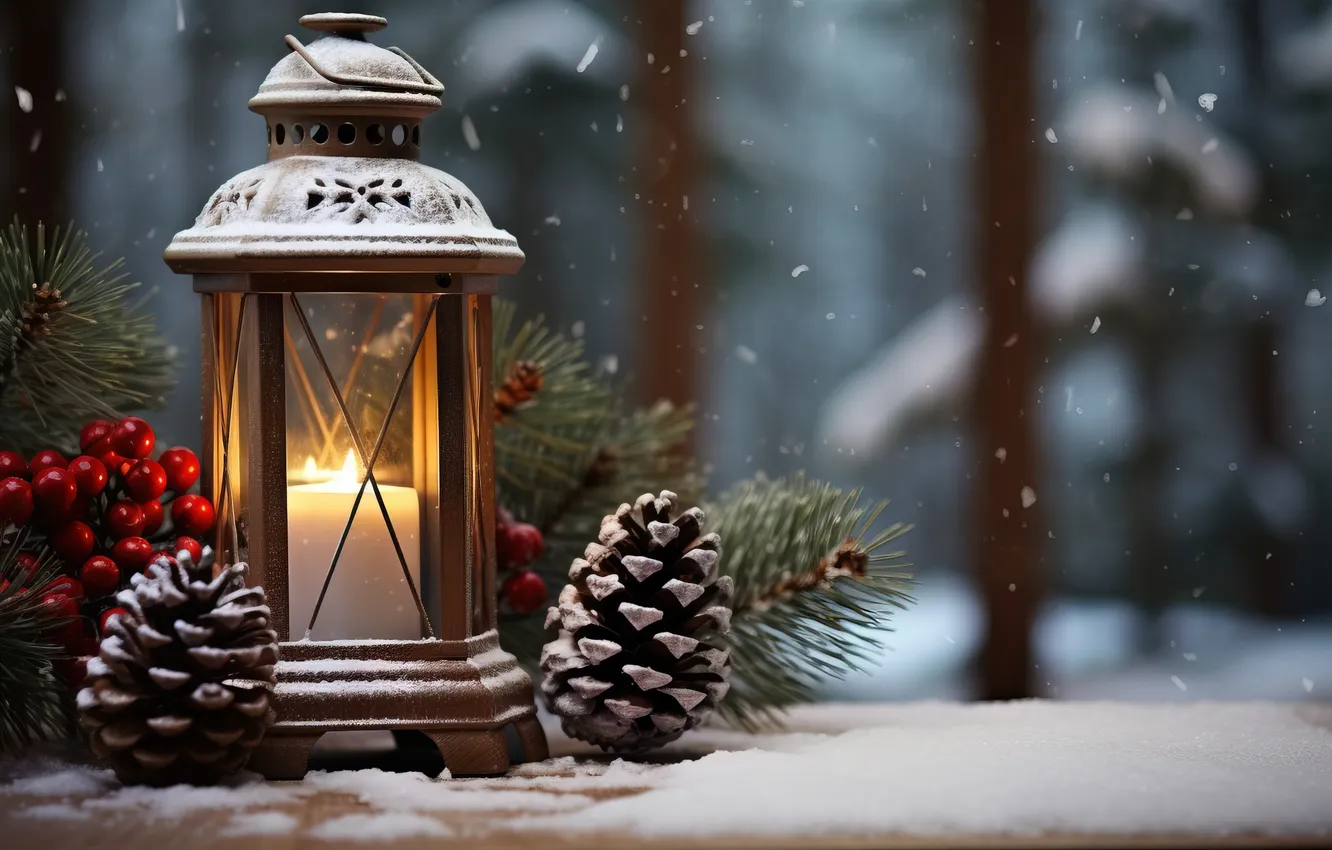 Photo wallpaper winter, snow, night, new year, Christmas, lights, Christmas, night