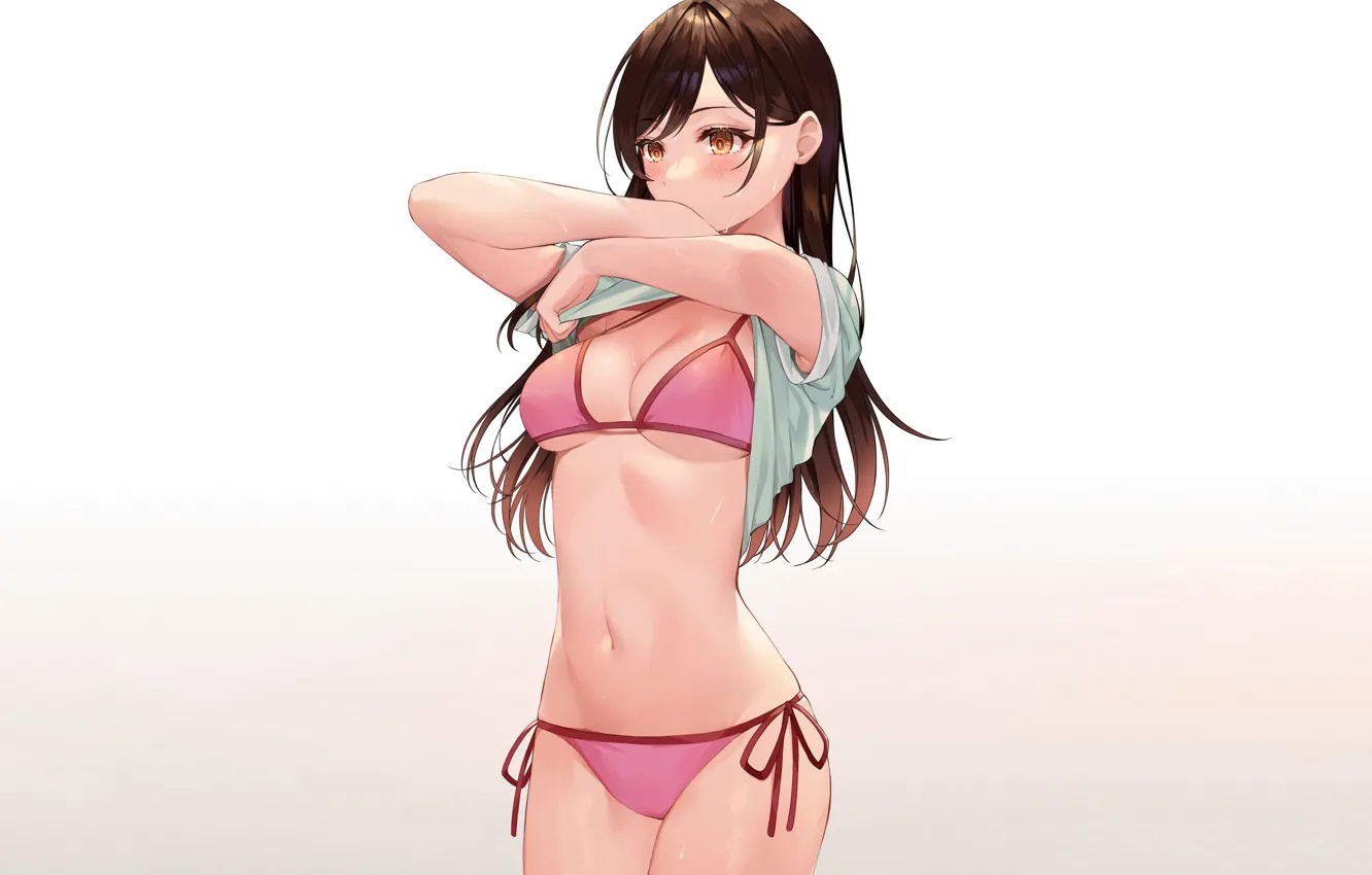 Photo wallpaper girl, sexy, wet, cleavage, long hair, brown hair, boobs, anime