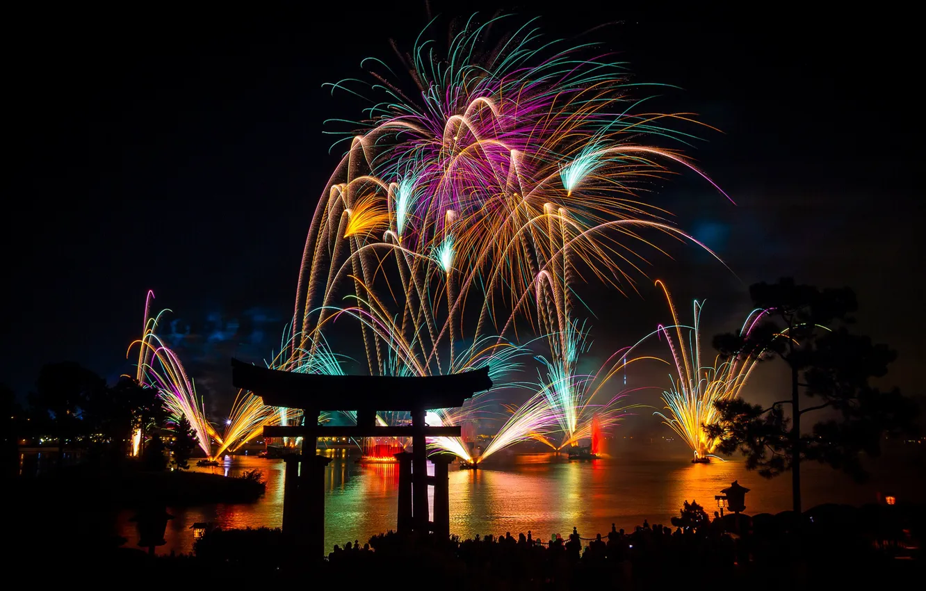 Photo wallpaper lights, new year, night, fireworks, Asia, pines, torii
