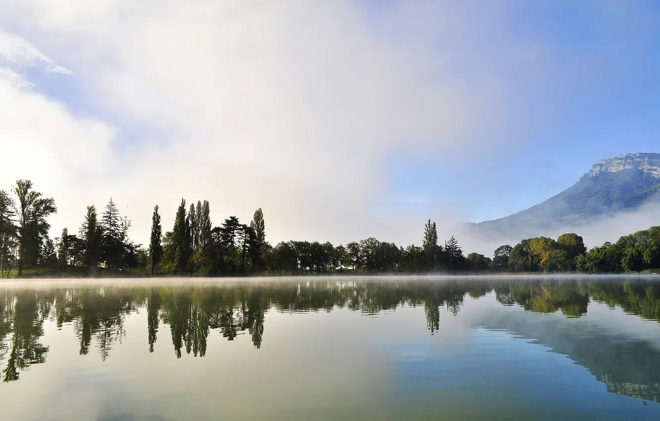 Photo wallpaper water, trees, mountains, nature, fog, lake, surface, morning