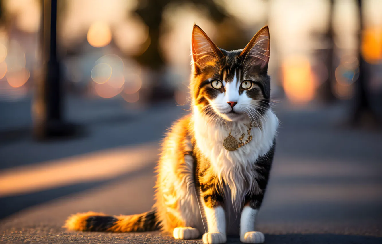 Photo wallpaper golden, cat, bokeh, Hour