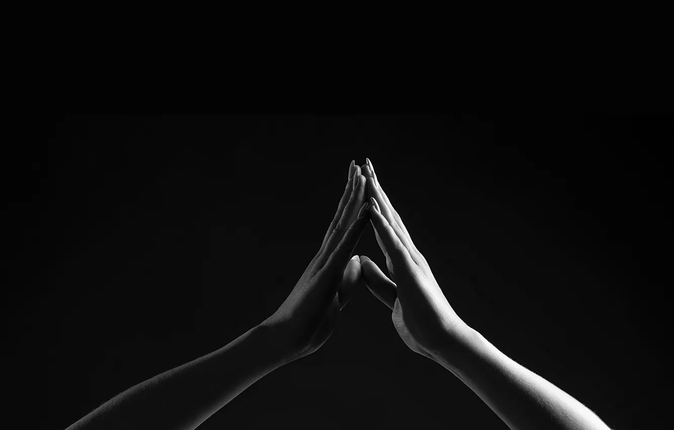 Photo wallpaper hands, black background, touch