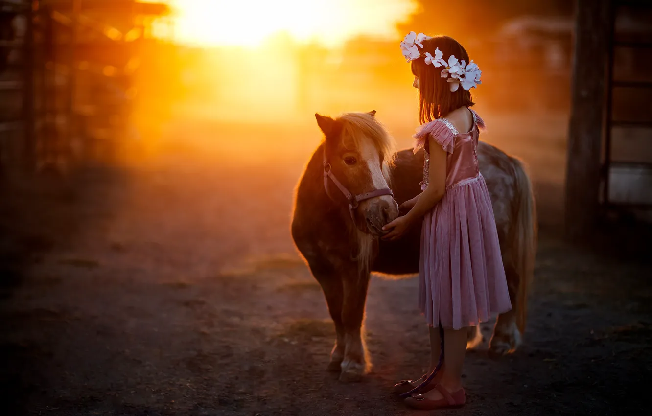 Photo wallpaper girl, pony, wreath, bokeh