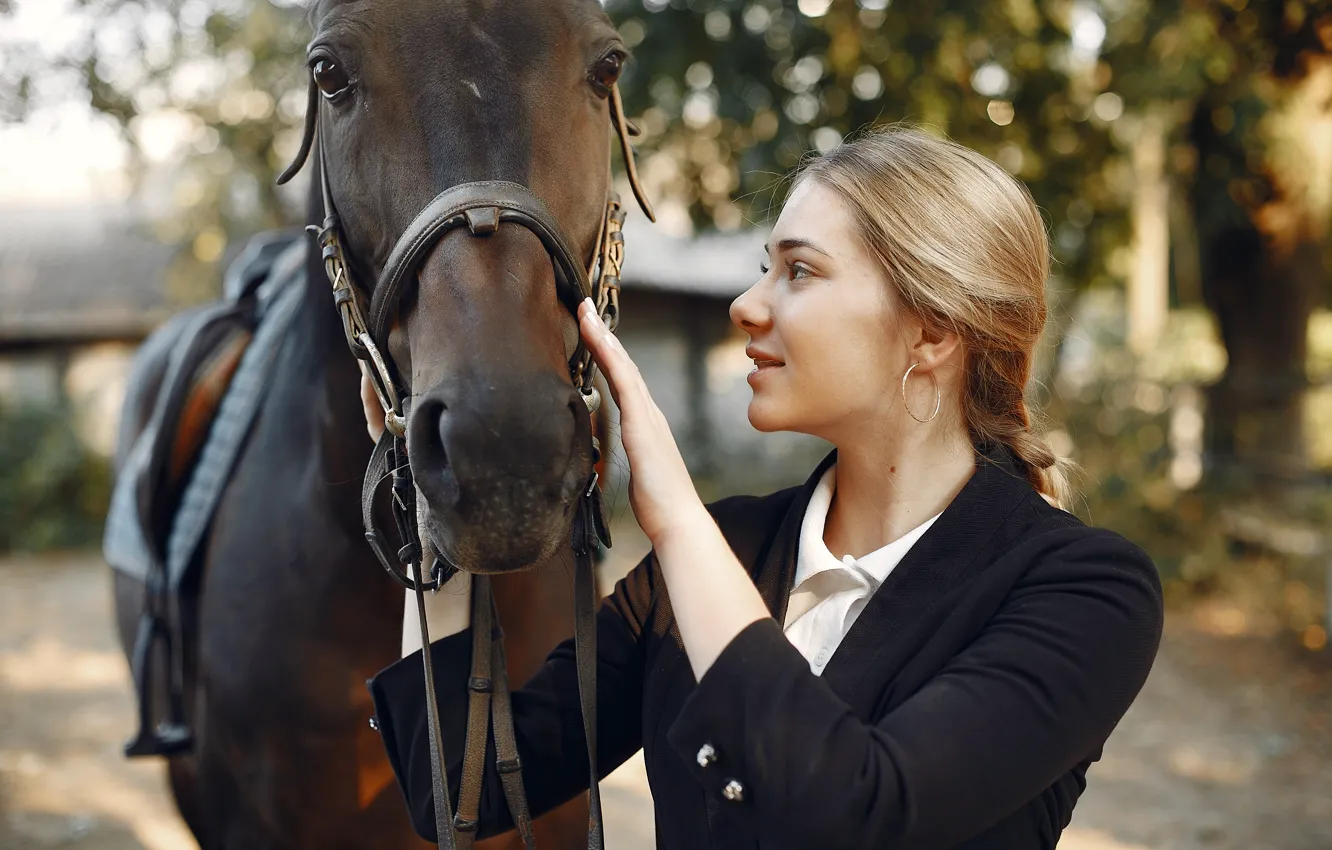 Photo wallpaper look, girl, pose, each, horse, horse, portrait, blonde