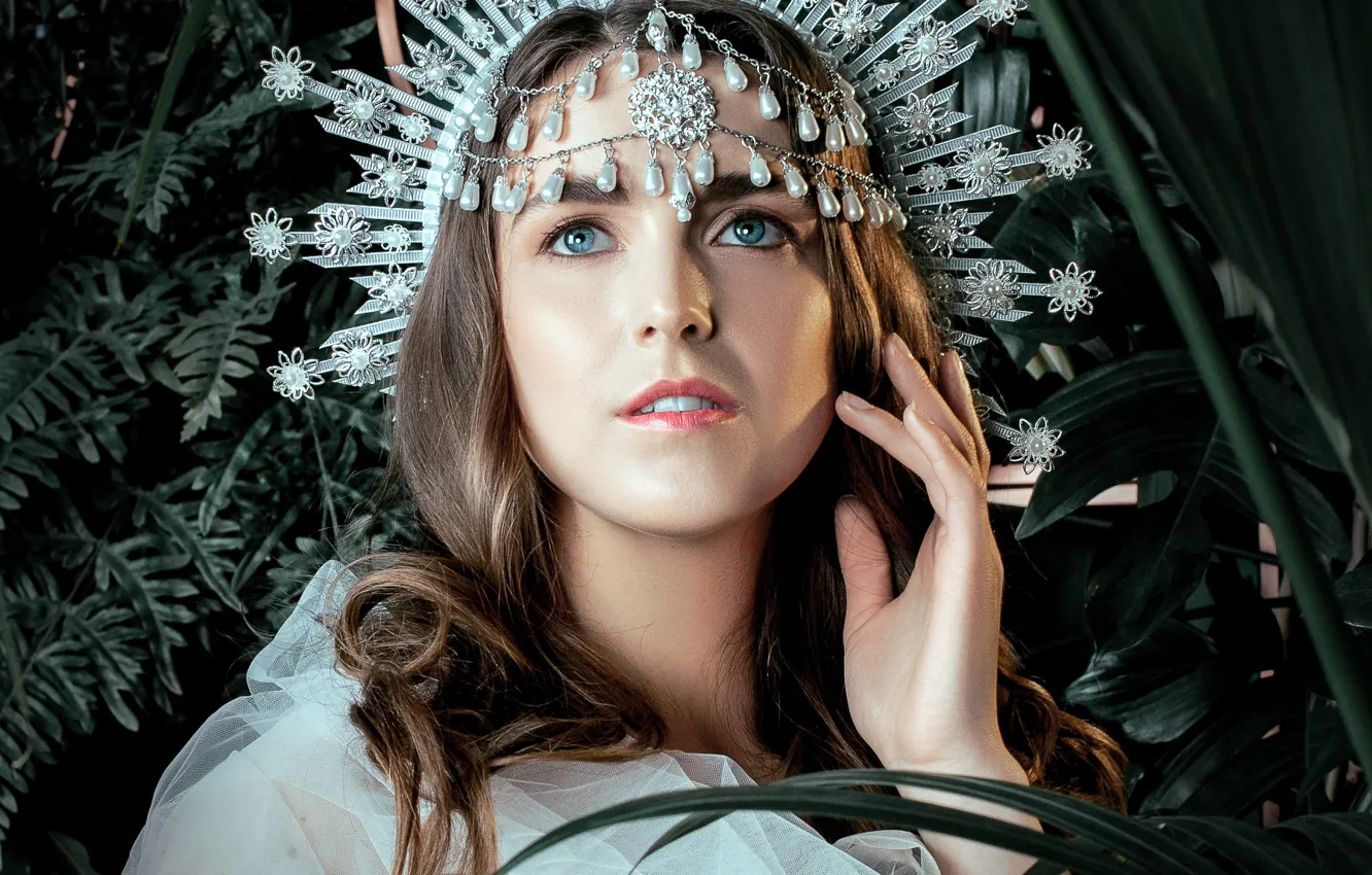 Photo wallpaper look, leaves, girl, decoration, face, style, plant, portrait