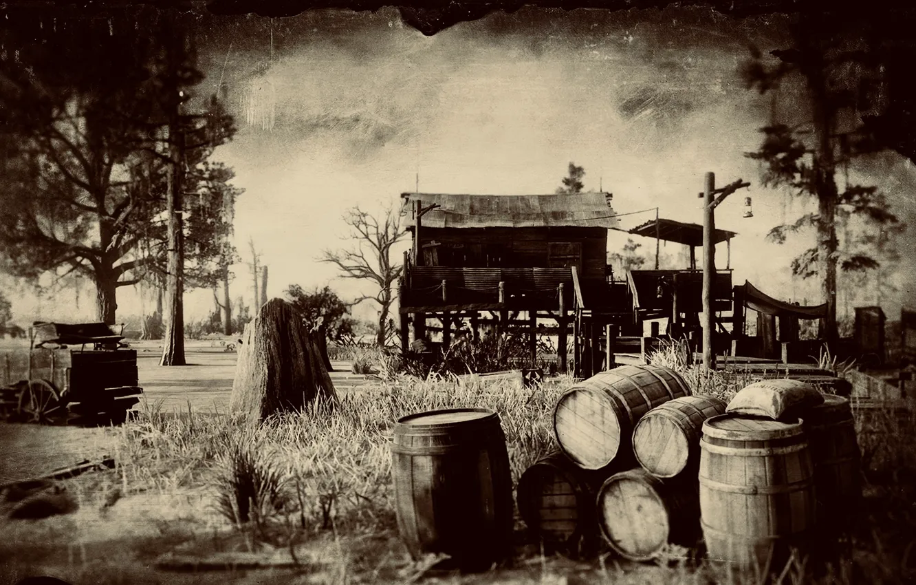 Photo wallpaper HDR, house, game, trees, barrel, swamp, UHD, Red Dead Redemption 2