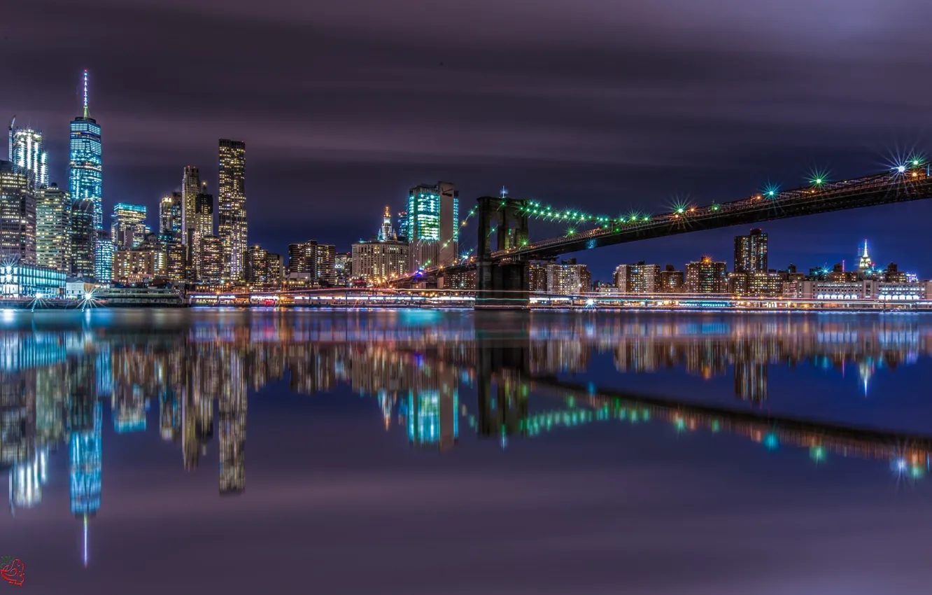 Photo wallpaper reflection, night, bridge, the city, lights, New York