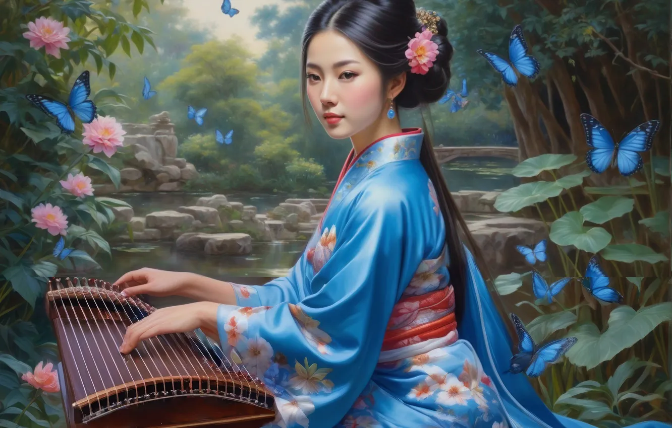 Photo wallpaper look, leaves, girl, trees, flowers, pose, pond, Park