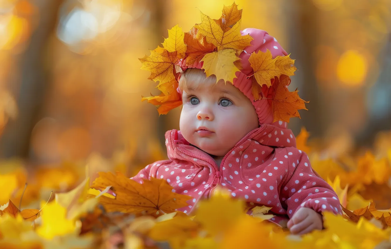 Photo wallpaper autumn, look, children, portrait, girl, baby, AI art, neural network