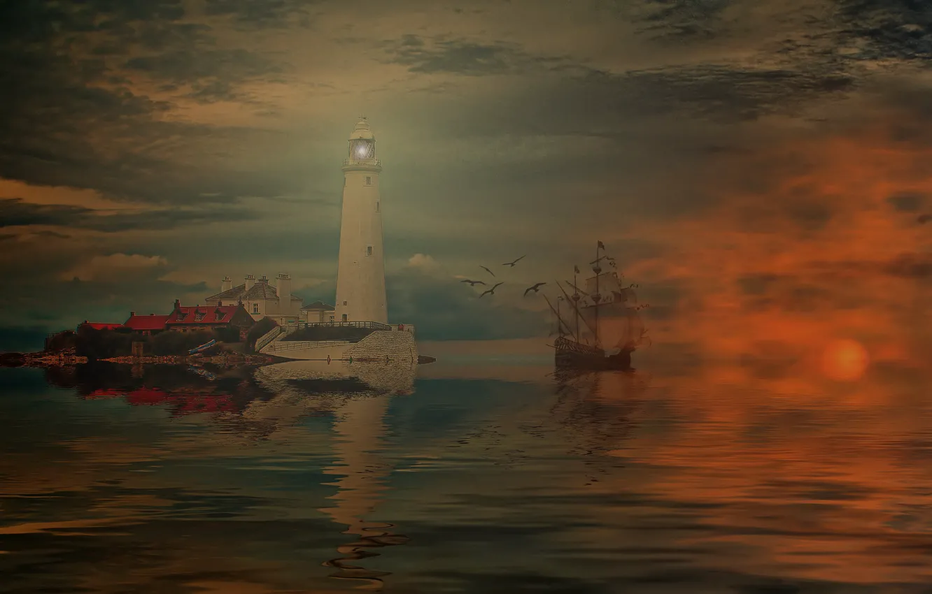 Photo wallpaper sea, the sky, clouds, reflection, lighthouse, ship