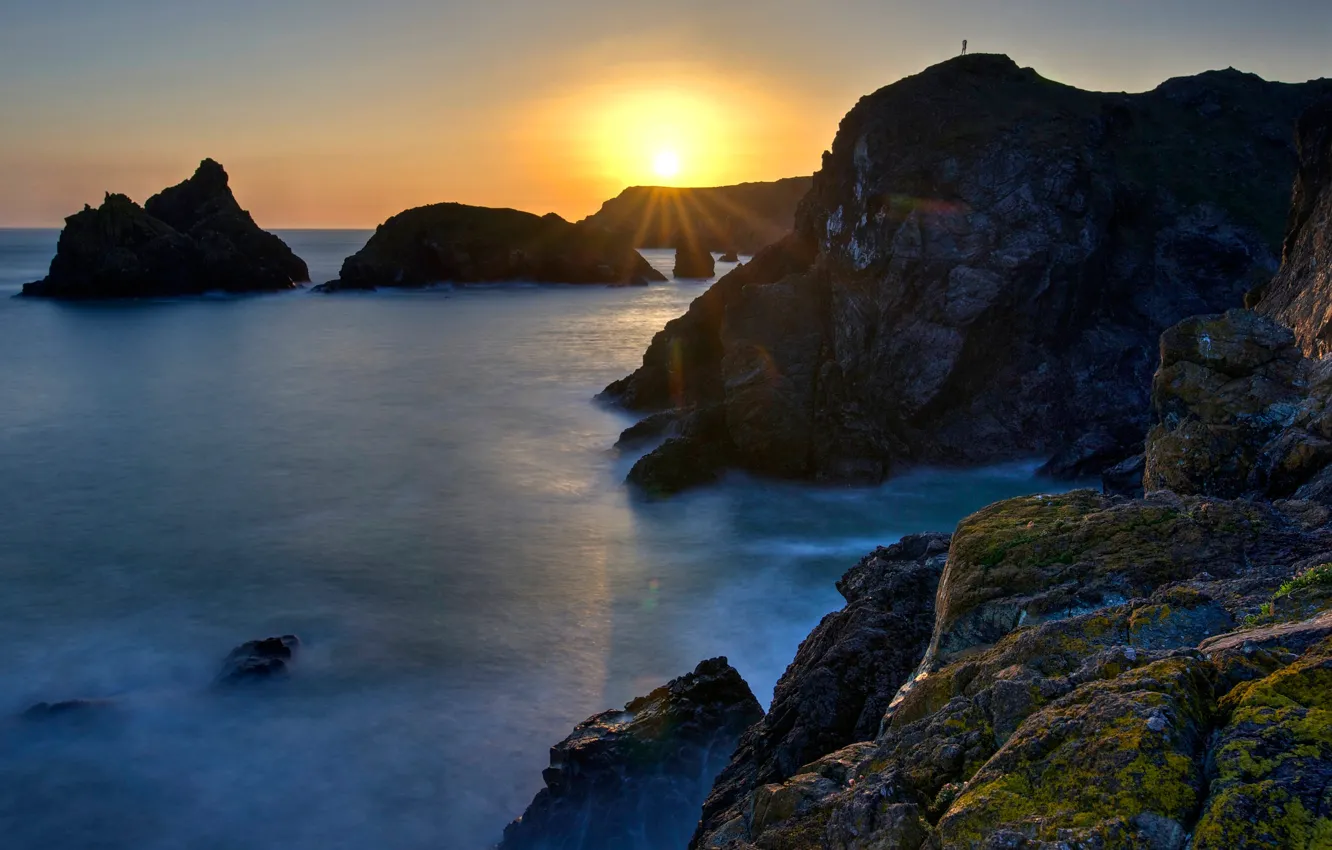 Photo wallpaper sea, the sun, landscape, sunset, rocks, shore, the evening, twilight
