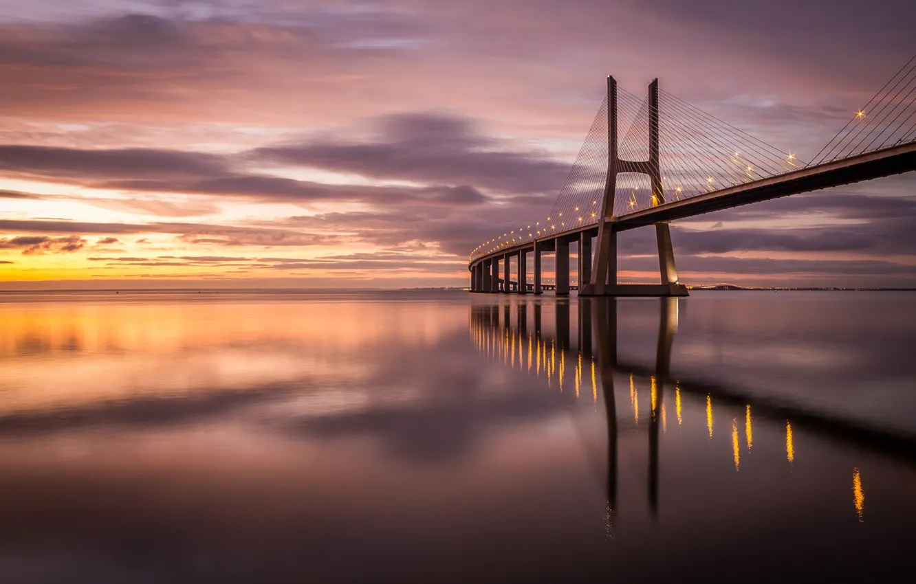 Photo wallpaper bridge, lights, the evening, Portugal