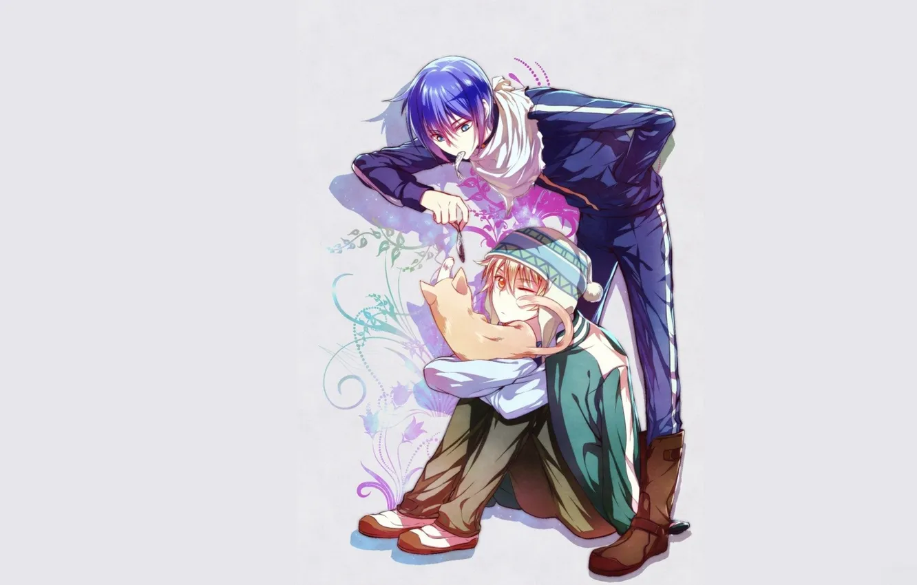 Photo wallpaper boy, guy, grey background, ginger kitten, A Homeless God, Yato, Noragami, Yukine